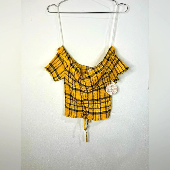 🆕 Jolie & Joy Yellow Plaid Off the Shoulder Path - Picture 2 of 9